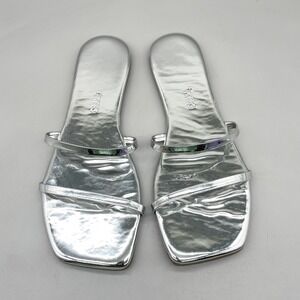 TKEES Womens 9 Gemma Slide Square Toe Flat Strappy Sandals Silver Leather Chrome